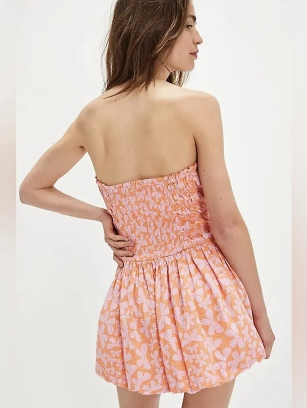 Free People Strapless Peach-Pink Floral Smocked Mini Dress Festival Western Boho - Picture 2 of 10